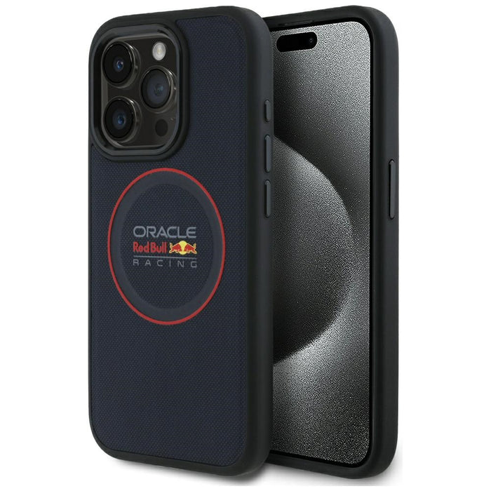 Твърд кожен калъф Red Bull RBHMP15X24PUILVR MagSafe с червен пръстен за iPhone 15 Pro Max 6.7", тъмносин