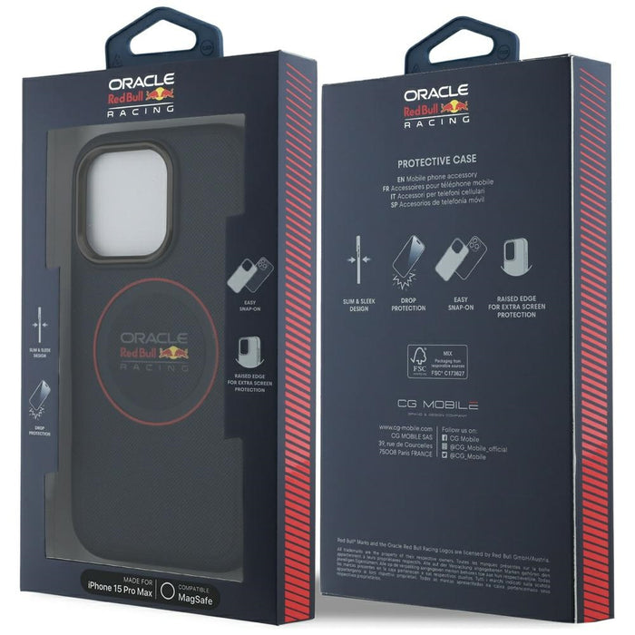 Твърд кожен калъф Red Bull RBHMP15X24PUILVR MagSafe с червен пръстен за iPhone 15 Pro Max 6.7", тъмносин