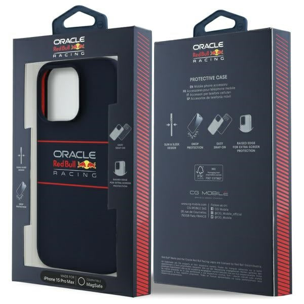 Силиконов калъф Red Bull за iPhone 15 Pro Max 6.7", със същия стил Horizontal Logo MagSafe, тъмносин