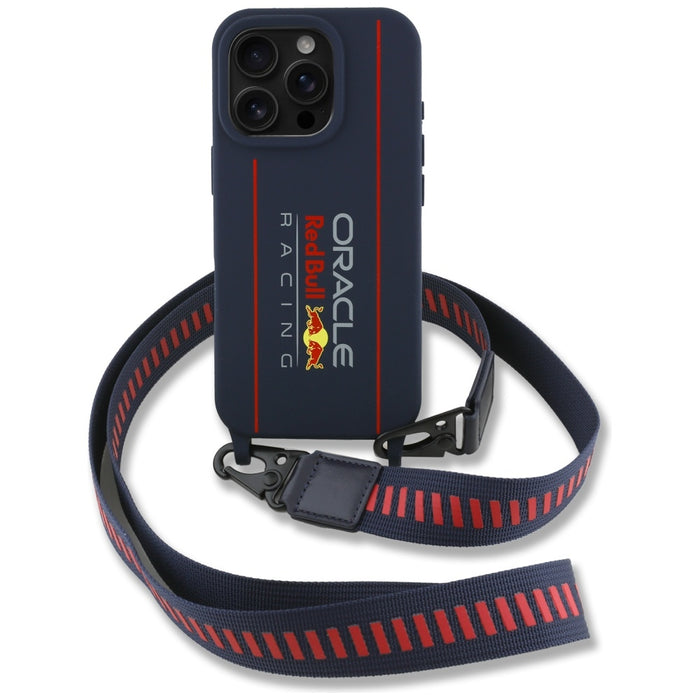 Силиконов твърд калъф Red Bull RBHMP16L24SISOLRV MagSafe с вертикален логотип и каишка за iPhone 16 Pro 6.3", тъмносин