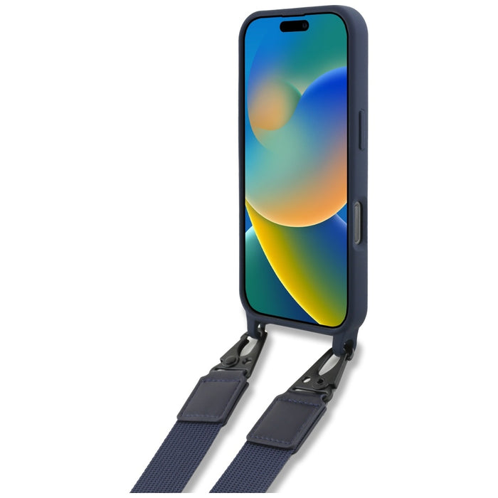 Силиконов твърд калъф Red Bull RBHMP16L24SISOLRV MagSafe с вертикален логотип и каишка за iPhone 16 Pro 6.3", тъмносин