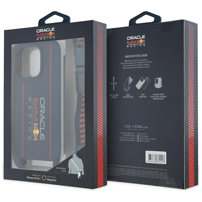 Силиконов твърд калъф Red Bull RBHMP16L24SISOLRV MagSafe с вертикален логотип и каишка за iPhone 16 Pro 6.3", тъмносин
