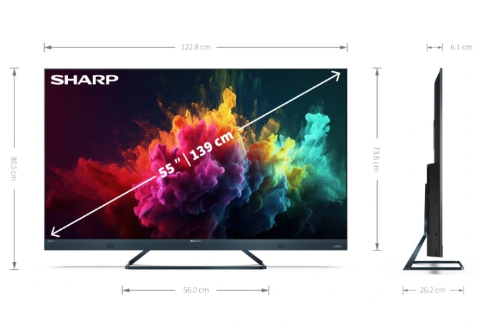 Sharp 55FQ8EG, 55" QLED GOOGLE TV, 4K 144Hz Quantum Dot 3840x2160 Алуминиева тънка безрамка, AQUOS AI, DVB-T/T2/C/S/S2, 500 NIT, Active Motion 1400, HARMAN/KARDON, HDR10, Dolby Atmos, Dolby Vision, DTS:X, Google Assistant, HDMI eARC, Mini Composite/CVBS