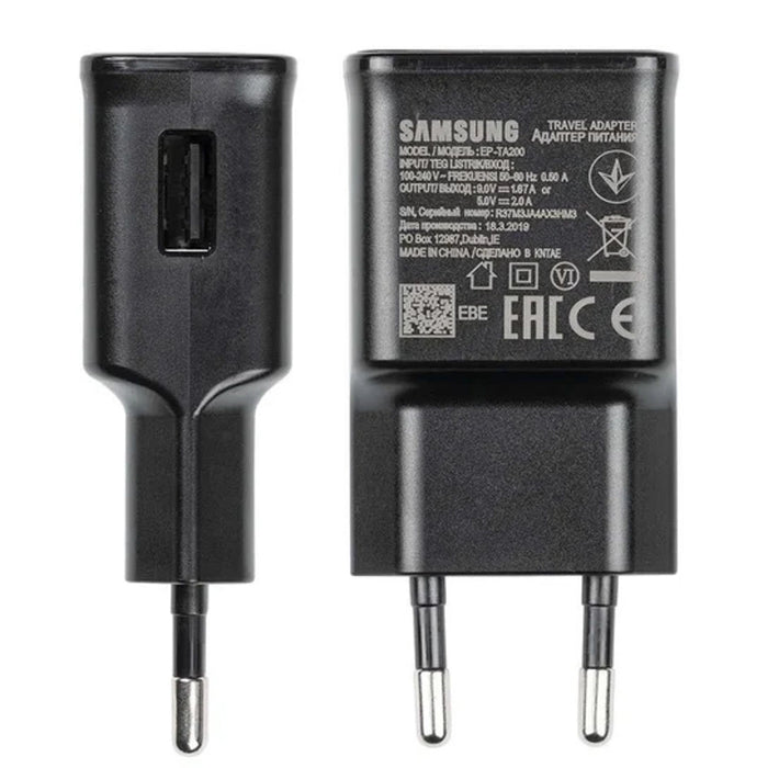 Samsung EP-TA200EBE USB-A 15W стенно зарядно устройство с EP-DR140ABE USB-A - USB-C кабел (OOB Bulk - резервна опаковка) - черно