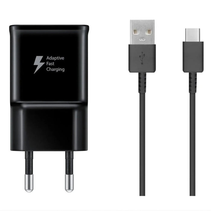 Samsung EP-TA200EBE USB-A 15W стенно зарядно устройство с EP-DR140ABE USB-A - USB-C кабел (OOB Bulk - резервна опаковка) - черно