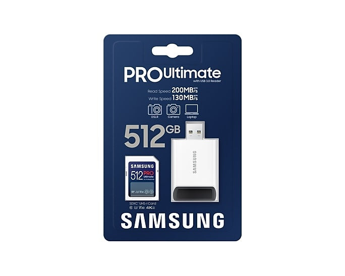 Samsung 512GB SD Card PRO Ultimate с USB четец, U3, V30, Четене 200MB/s - Запис 130MB/s