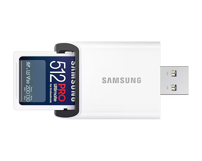Samsung 512GB SD Card PRO Ultimate с USB четец, U3, V30, Четене 200MB/s - Запис 130MB/s