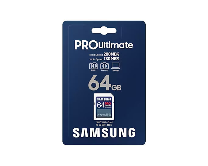 Samsung 64GB SD Card PRO Ultimate, U3, V30, Четене 200MB/s - Запис 130MB/s