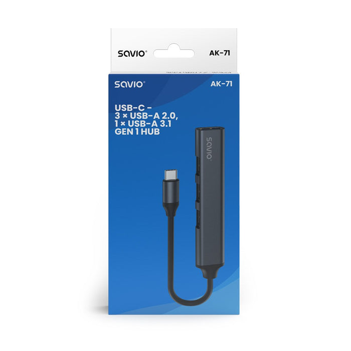 SAVIO AK-71 USB-C хъб - 3 x USB-A 2.0, 1 x USB-A 3.0, 4-в-1, 5 Gbps