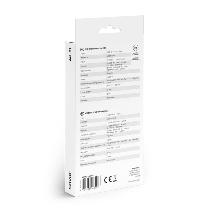 SAVIO AK-71 USB-C хъб - 3 x USB-A 2.0, 1 x USB-A 3.0, 4-в-1, 5 Gbps