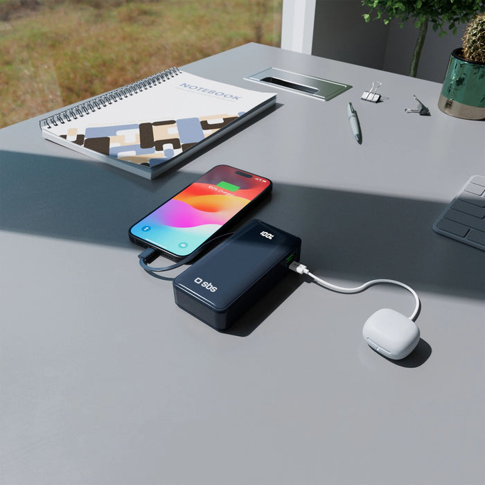 Преносима батерия Powerbank SBS 10000 mAh 20W с вграден USB-C кабел и дигитален дисплей - тъмно сив