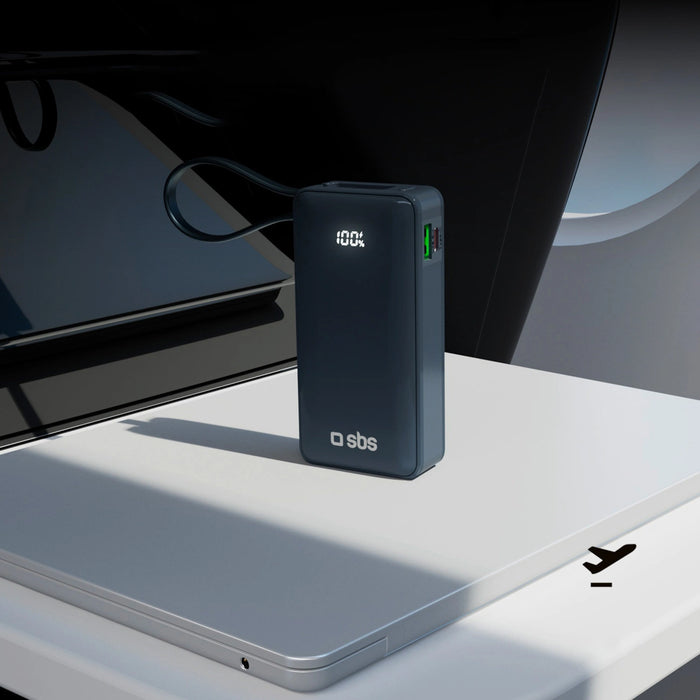 Преносима батерия Powerbank SBS 10000 mAh 20W с вграден USB-C кабел и дигитален дисплей - тъмно сив