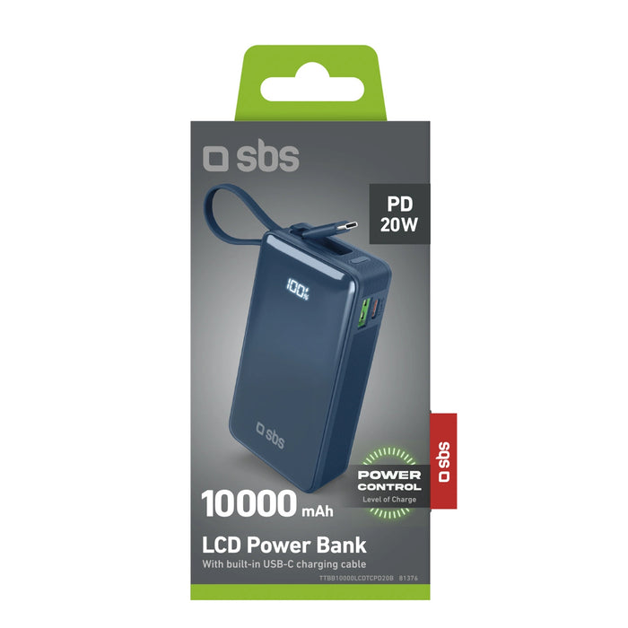Преносима батерия Powerbank SBS 10000 mAh 20W с вграден USB-C кабел и дигитален дисплей - тъмно сив