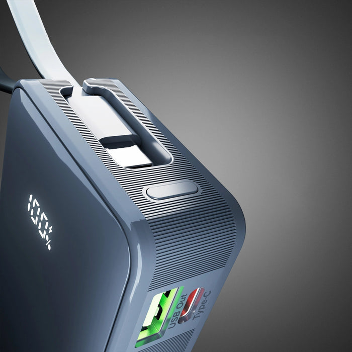 Преносима батерия Powerbank SBS 10000 mAh 20W с вграден USB-C кабел и дигитален дисплей - тъмно сив