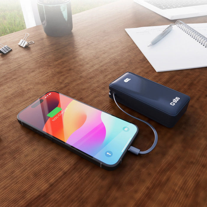Преносима батерия Powerbank SBS 10000 mAh 20W с вграден USB-C кабел и дигитален дисплей - тъмно сив