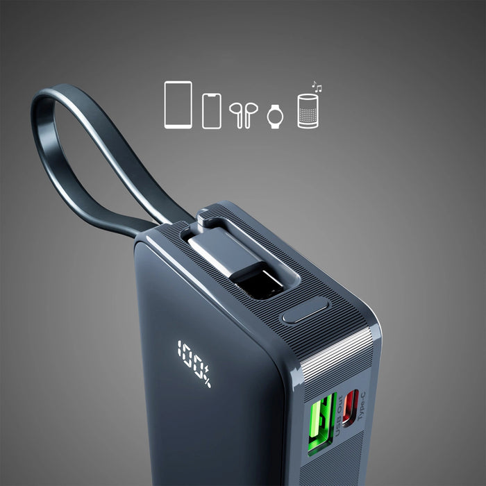 Преносима батерия Powerbank SBS 10000 mAh 20W с вграден USB-C кабел и дигитален дисплей - тъмно сив