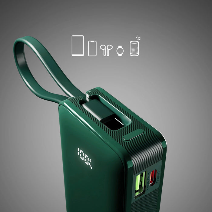 Преносима батерия Powerbank SBS 10000 mAh 20W с вграден USB-C кабел и цифров дисплей - зелен