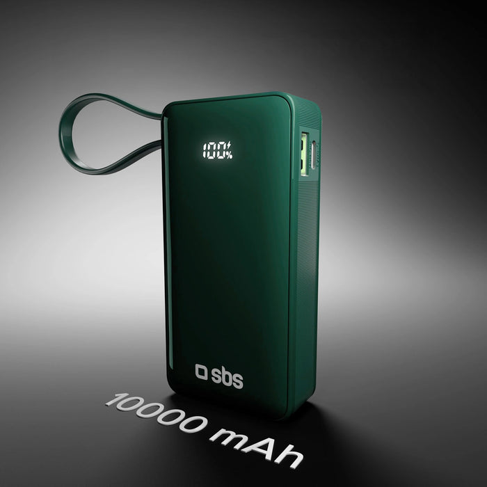 Преносима батерия Powerbank SBS 10000 mAh 20W с вграден USB-C кабел и цифров дисплей - зелен