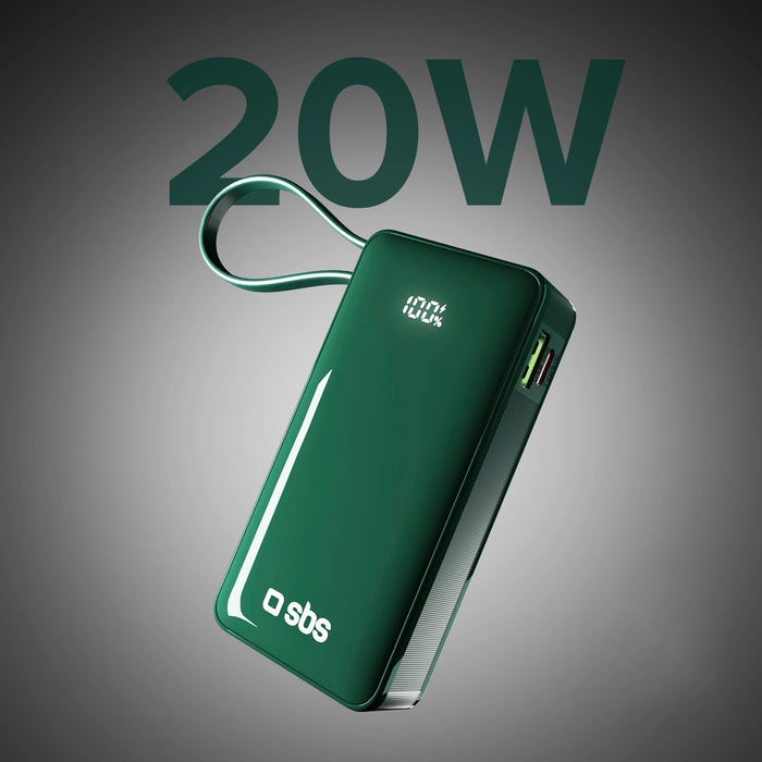 Преносима батерия Powerbank SBS 10000 mAh 20W с вграден USB-C кабел и цифров дисплей - зелен