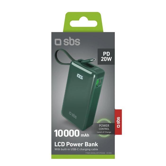 Преносима батерия Powerbank SBS 10000 mAh 20W с вграден USB-C кабел и цифров дисплей - зелен
