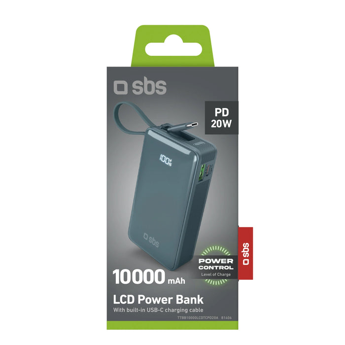 Преносима батерия Powerbank SBS 10000 mAh 20W с вграден USB-C кабел и дигитален дисплей - сив