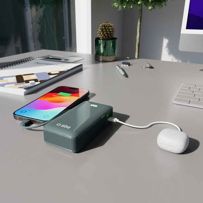 Преносима батерия Powerbank SBS 10000 mAh 20W с вграден USB-C кабел и дигитален дисплей - сив