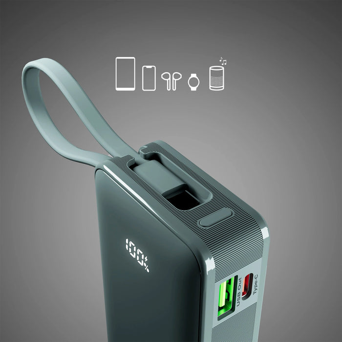 Преносима батерия Powerbank SBS 10000 mAh 20W с вграден USB-C кабел и дигитален дисплей - сив