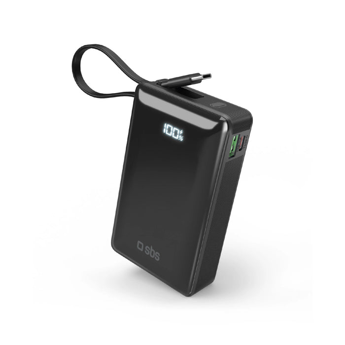 Преносима батерия Powerbank SBS 20000 mAh 20W с вграден USB-C кабел и цифров дисплей - черен