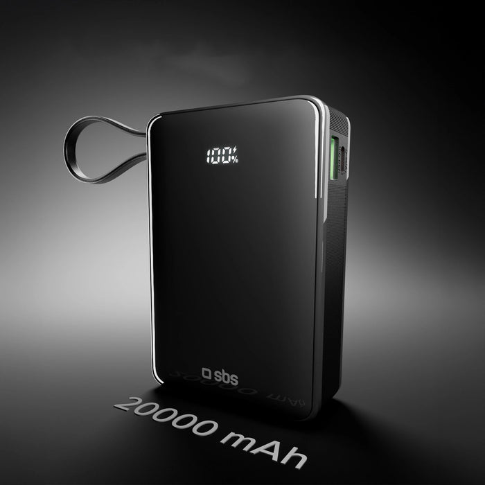 Преносима батерия Powerbank SBS 20000 mAh 20W с вграден USB-C кабел и цифров дисплей - черен