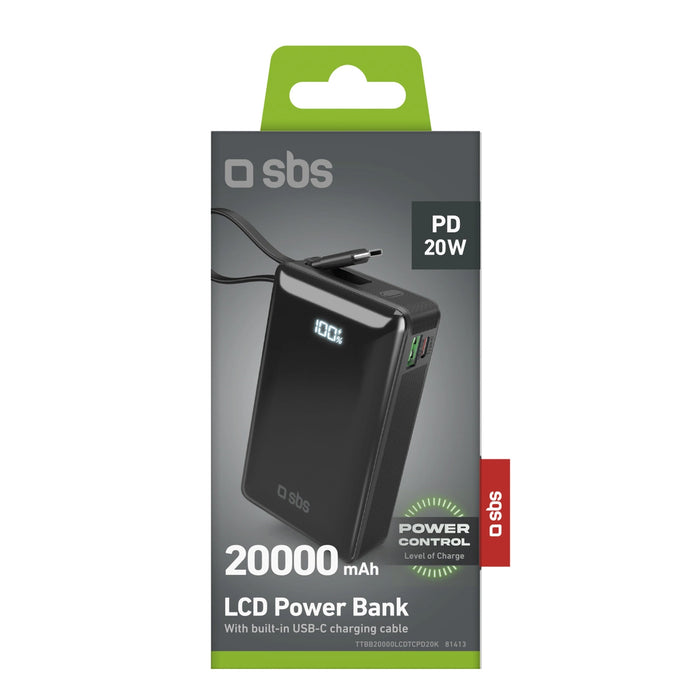 Преносима батерия Powerbank SBS 20000 mAh 20W с вграден USB-C кабел и цифров дисплей - черен