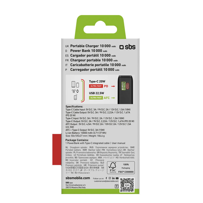 Преносима батерия Powerbank SBS 20000 mAh 20W с вграден USB-C кабел и цифров дисплей - черен