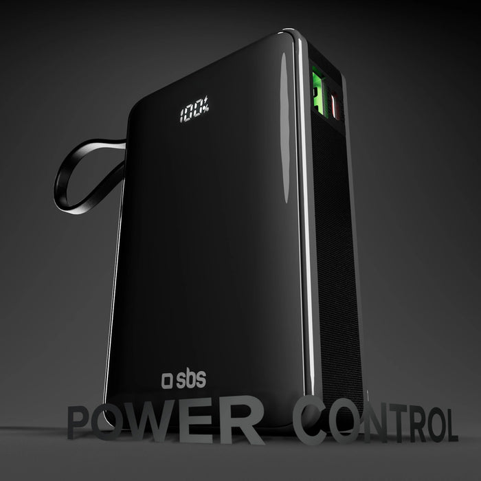 Преносима батерия Powerbank SBS 20000 mAh 20W с вграден USB-C кабел и цифров дисплей - черен