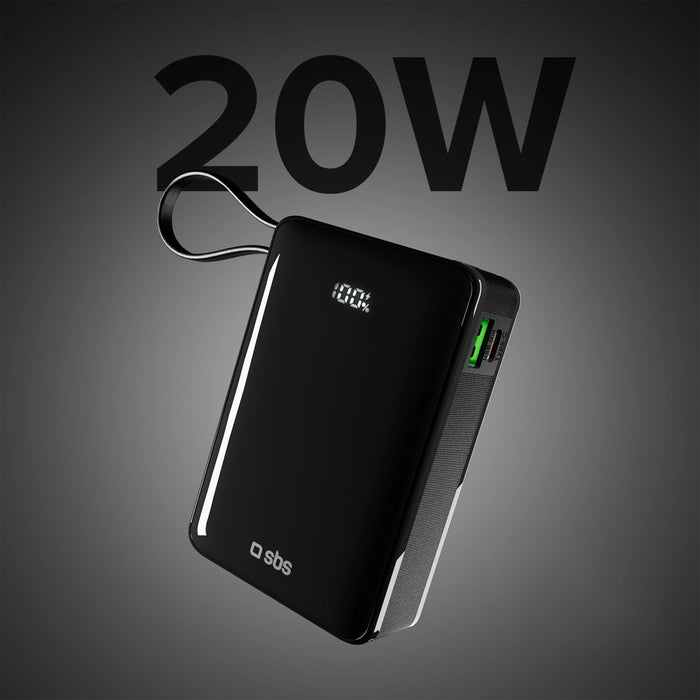 Преносима батерия Powerbank SBS 20000 mAh 20W с вграден USB-C кабел и цифров дисплей - черен