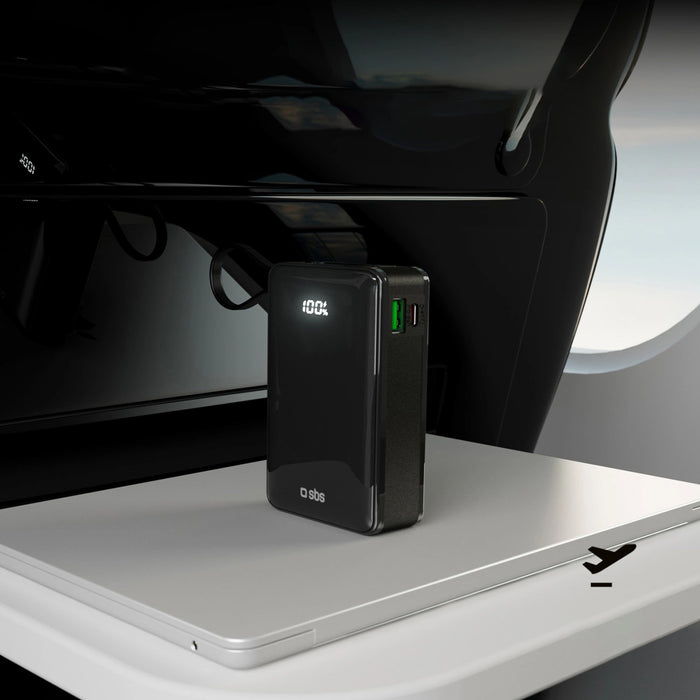 Преносима батерия Powerbank SBS 20000 mAh 20W с вграден USB-C кабел и цифров дисплей - черен