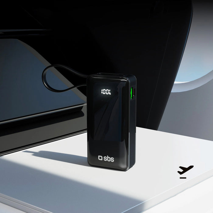 Преносима батерия Powerbank SBS 10000 mAh 20W с вграден USB-C кабел и цифров дисплей - черен