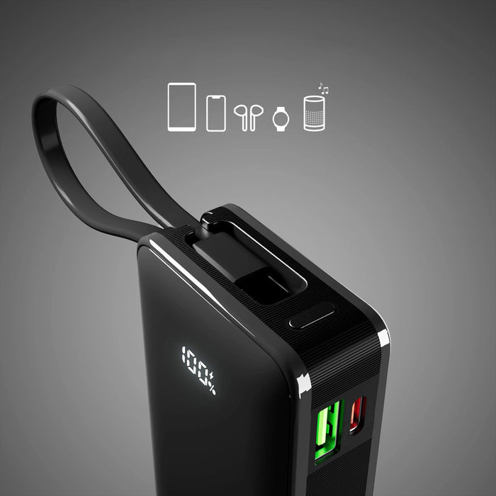 Преносима батерия Powerbank SBS 10000 mAh 20W с вграден USB-C кабел и цифров дисплей - черен