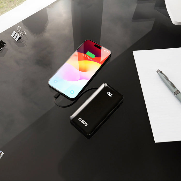 Преносима батерия Powerbank SBS 10000 mAh 20W с вграден USB-C кабел и цифров дисплей - черен