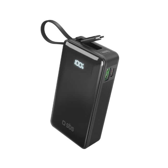 Преносима батерия Powerbank SBS 10000 mAh 20W с вграден USB-C кабел и цифров дисплей - черен