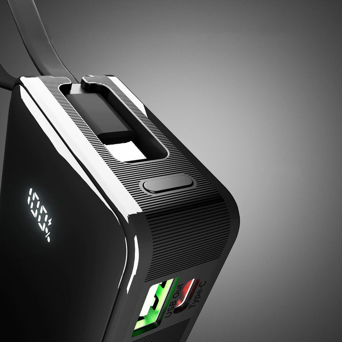 Преносима батерия Powerbank SBS 10000 mAh 20W с вграден USB-C кабел и цифров дисплей - черен