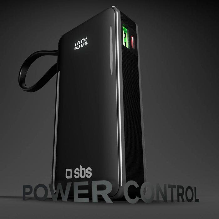 Преносима батерия Powerbank SBS 10000 mAh 20W с вграден USB-C кабел и цифров дисплей - черен
