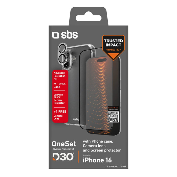 SBS комплект с D3O технология за iPhone 16 - калъф + стъклен екран и протектор за камера - прозрачен