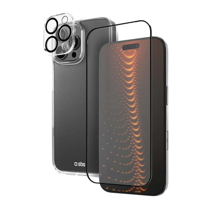 SBS комплект с D3O технология за iPhone 16 Pro Max - калъф + стъклен екран и протектор за камера - прозрачен