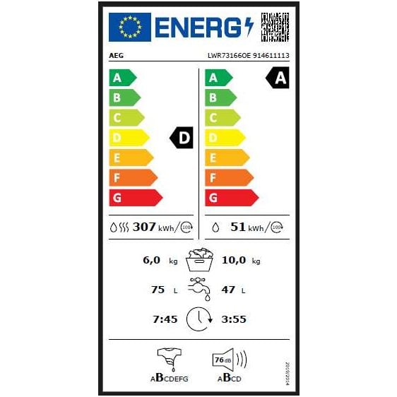 Пералня със сушилня AEG LWR73166OE, 10/6 кг, WiFi, 1600 об/мин.