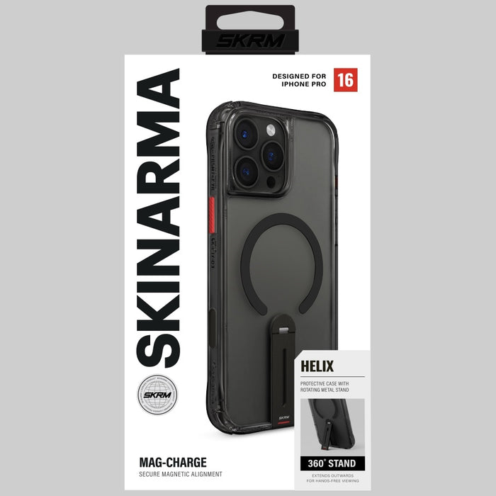 Калъф Skinarma Helix за iPhone 16 Pro, черен, с магнитно зареждане и 360° въртящ се щипец