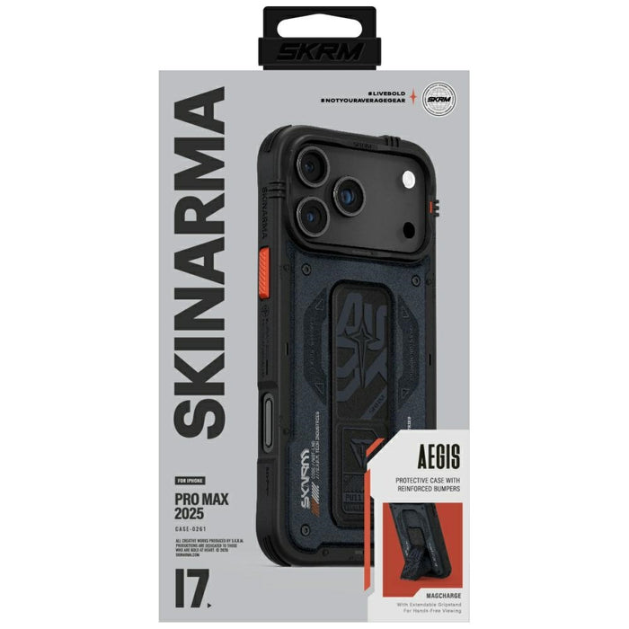 Калъф Skinarma Aegis за iPhone 17 Pro Max, Magnetic Charging + Grip Stand, тъмносин