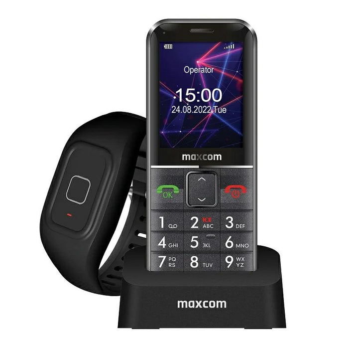 Maxcom Comfort M0 телефон със зарядна станция и SOS каишка, черен