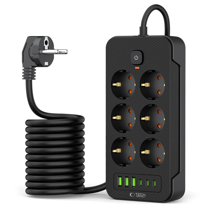Разклонител Tech-Protect PC6X6 6 гнезда 240V + 3xUSB-A + 3xUSB-C 200см - Черен