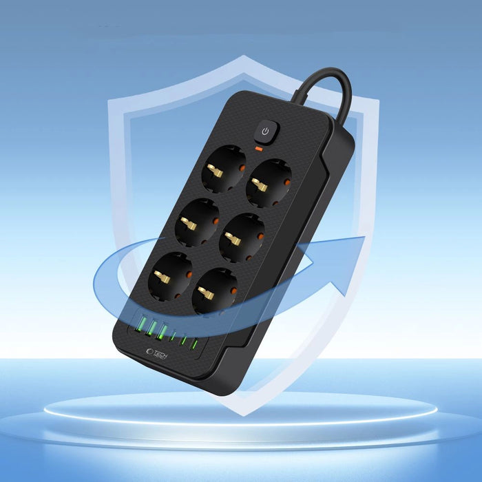 Разклонител Tech-Protect PC6X6 6 гнезда 240V + 3xUSB-A + 3xUSB-C 200см - Черен