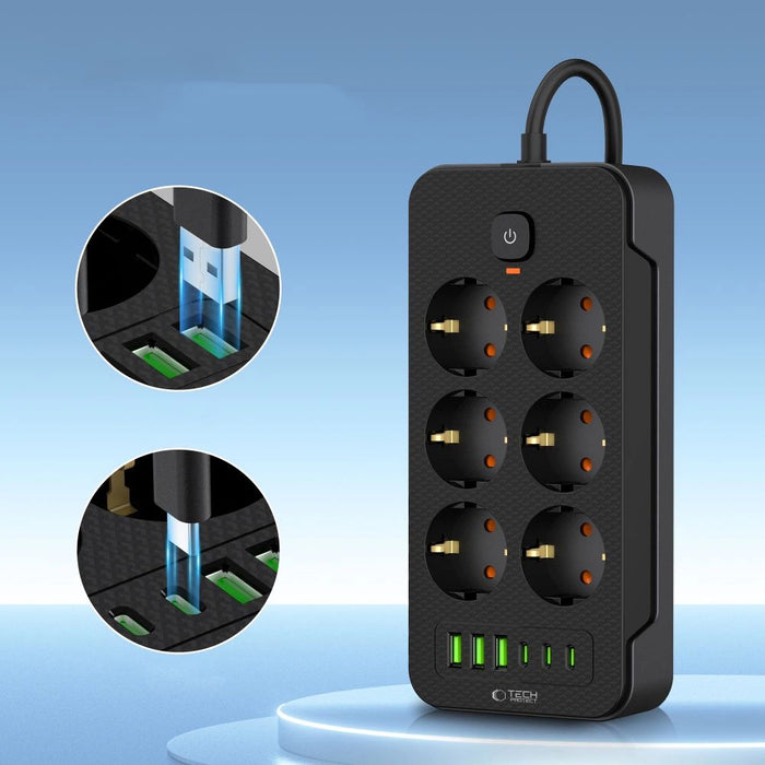 Разклонител Tech-Protect PC6X6 6 гнезда 240V + 3xUSB-A + 3xUSB-C 200см - Черен