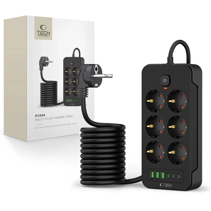Разклонител Tech-Protect PC6X6 6 гнезда 240V + 3xUSB-A + 3xUSB-C 200см - Черен